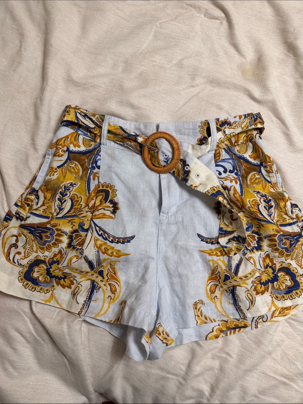 Light Blue Floral Linen Women’s Shorts with Belt
